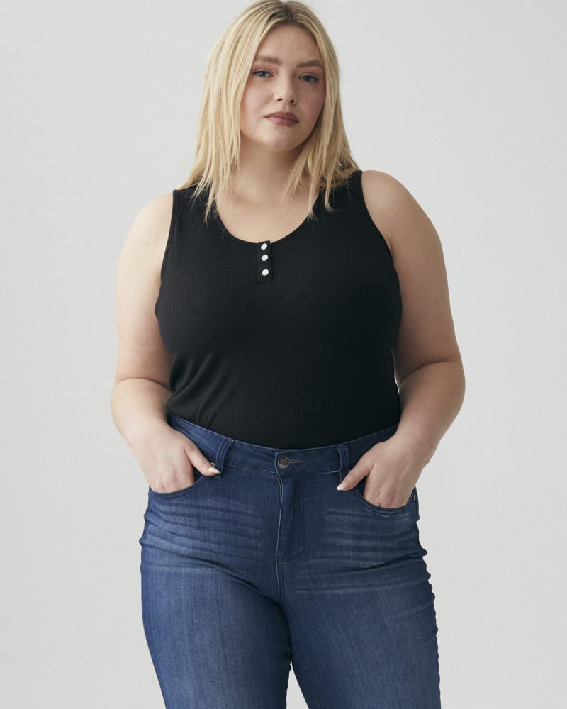 Front of a model wearing a size 1X Ana Ribbed Tank Top in Black by Molly & Isadora. | dia_product_style_image_id:266461